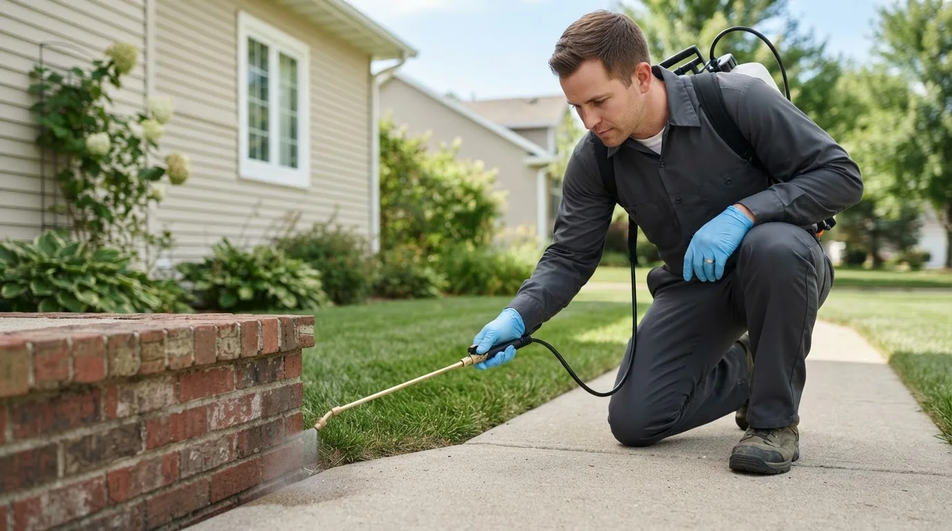 Pest control technician treating a home near Oak Park, MN